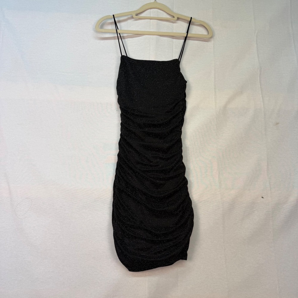 Princess Polly Black Glitter Ruched Bodycon Mini Dress Size US 2 Spaghetti Strap